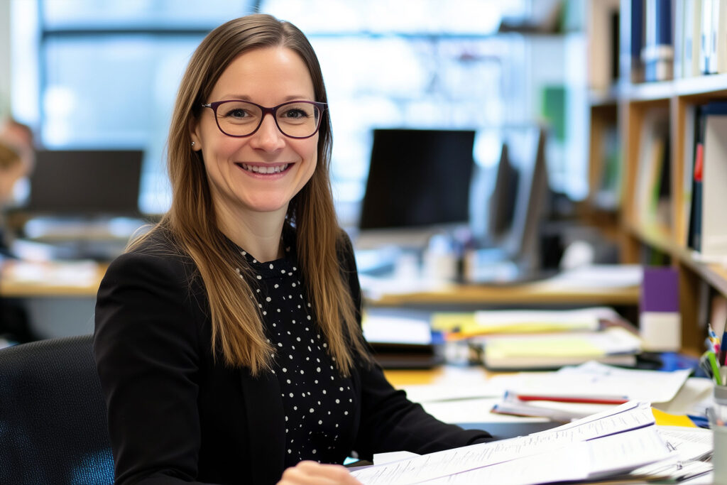 Sekretärin sitzt fröhlich an ihrem Arbeitsplatz und lächelt in die Kamera